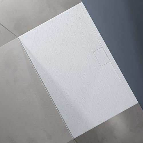 doporro Receveur de Douche 90x140x3 cm Bac à Douche Ultra Plat en Solid Surface Blanc Mat Geoma07 avec Bonde AL06