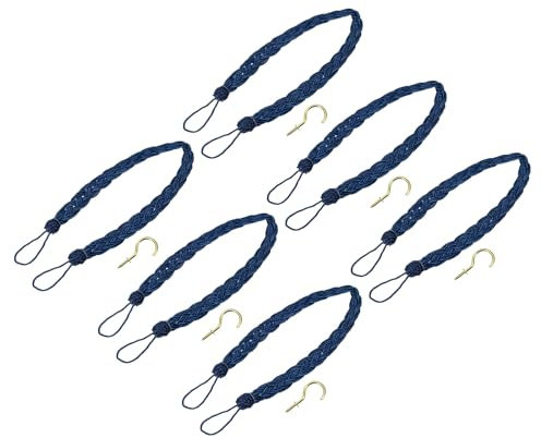 QUARKZMAN 6 Piezas de Abrazaderas para Cortinas, 58cm/23 Cordón Trenzado para Sujetar Cortinas con 6 Ganchos Metálicos, Azul Marino