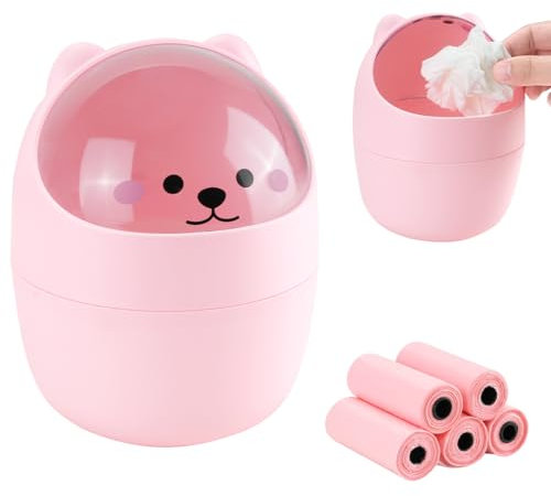 IBEQUEM Mini Trash Can, Cute Small Trash Can with Lid, Desktop Paper Bin with 5 Rolls of Bin Liners, Portable Tabletop Dustbin, Cartoon Rubbish Storage for Office Bedroom Desk Car Kitchen (Pink)