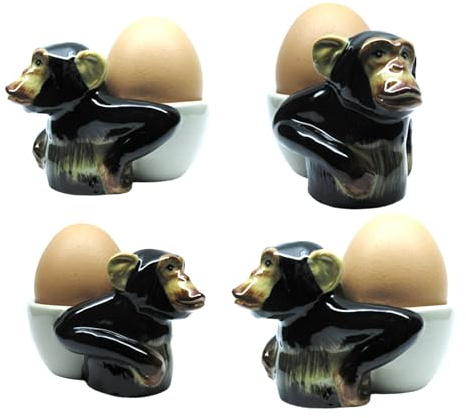 B2SEE Eierbecher Keramik Geschirr Set Tier Motive 4 teilig Gute Qualität (Affen/Schimpansen)