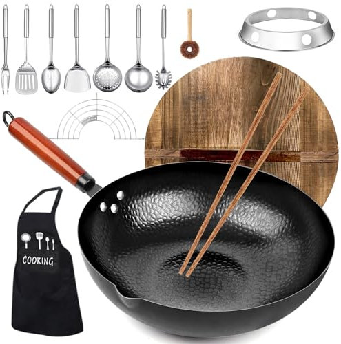 Vinbcorw Poêle wok avec couvercle en bois wok en acier au carbone sans revêtement chimique et pour cuisiner des plats asiatiques pour 3-5 personnes, induction, électrique, gaz,Noir