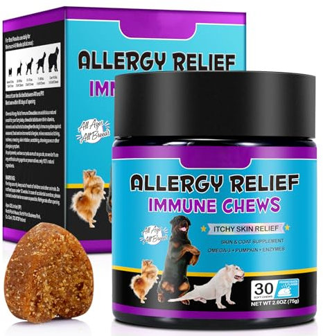 HUALIJIA Dog Allergy Relief Treats, Itch and Immunity Treats for Dogs - Soothe Itchy Skin, Paws, Eyes, Ears - Stop Itching, Licking, Scratching for All Breeds and Sizes, Peking Duck Flavor (30 Count)