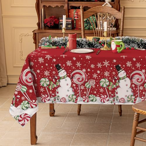 Softalker Tischdecke Weihnachten 80x80 cm Abwaschbare Mitteldecke Weiß Schneemann Klein Tischdecken Wasserabweisend Tischtuch Rot Weihnachtstischdecke Winter Deko für Silvester Outdoor Garten Festlich