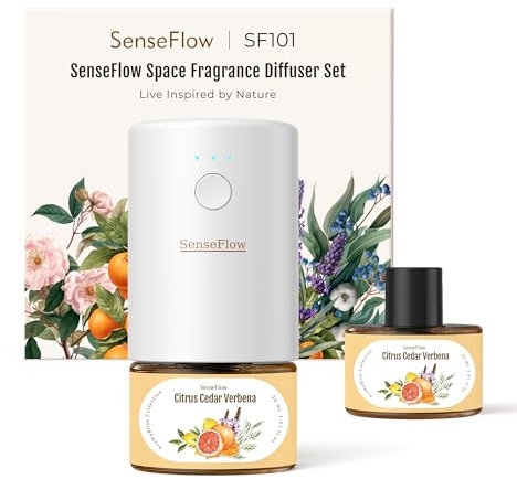 SenseFlow Aroma Diffuser für Ätherische Öle SF101, Wasserloser Ultraschall Duftstecker Raumduft, 100% pflanzlich Lufterfrischer, 120-Tage Aroma für Zuhause, Hotel bis zu 100 m²- Zitrus-Zedern Verbene