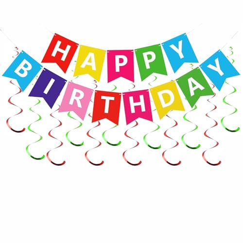 Happy Birthday Banner Bunting Decorations with Hanging Swirl for Birthday Party Supplies for Men Women Boys Girls