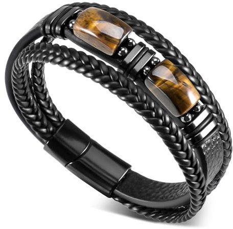 sdhiiolp Armband Herren Lederarmband Natürliches Tigerauge Armband Geflochten Leder mit Magnetverschluss Geschenk für Freund Ehemann Papa Männer