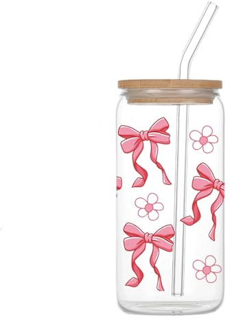 Leseogye Pink Bow Glass Cup Set, 16 Oz Cute Tumbler with Glass Straw and Wood Lid, Aesthetic Tumbler, Gifts for Women Girls Friends