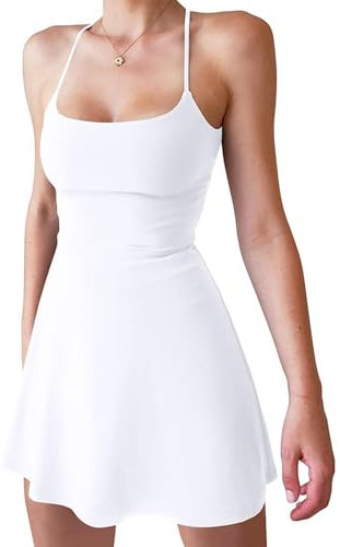 ThreeH Active Dress für Damen Sommer SportKleider mit Eingearbeiteten Shorts Verstellbare Schultergurte, Weiß, Klein