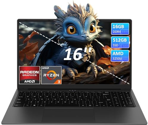 16 Inch Laptop Computer - AMD Ryzen 3 3250U Processor (2C/4T,2.6-3.5GHz), 1920×1200 FHD IPS Display, 16GB RAM 512GB SSD, 1MP Webcam, Fingerprint, Backlit Keyboard, Laptops for Business Student, Gray