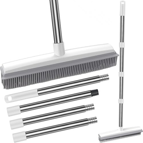 Rubber Broom with Squeegee, Carpet Brush for Pet Hair with 130 cm Telescopic Long Handle, Rubber Sweeping Brush, Carpet Rake for Window, Tiles, Indoor and Outdoor