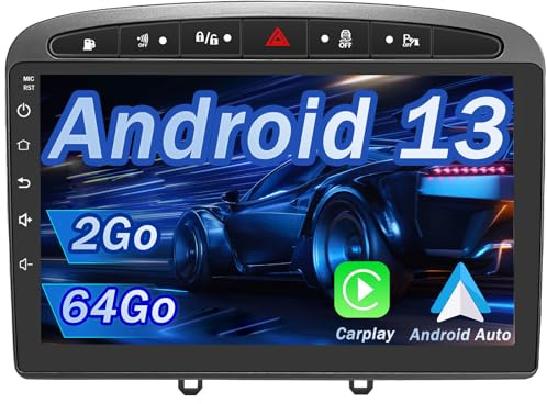 Hexinex Autoradio Android 13 pour Peugeot 308/408 (2007-2013) [2Go+64Go] avec Carplay Android Auto 9 Pouces Écran Tactile GPS Bluetooth Wi-FI/Commande au Volant/Aide au Parking