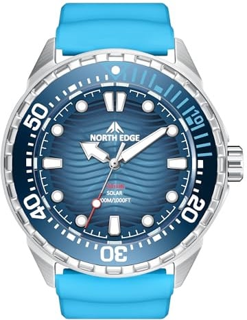 NORTH EDGE Triton Montre de plongée Solaire Homme, étanche 300 m/30 ATM, Lunette unidirectionnelle, Cadran Lumineux, Bracelet Silicone Bleu