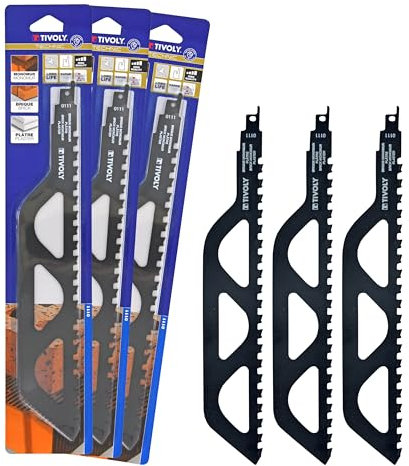 TIVOLY - Lot de Lames de Scie Sabre Spéciale Brique, Plâtre et Monomur - 3 Lames avec Dents en Carbure de Tungstène - Attache Universelle