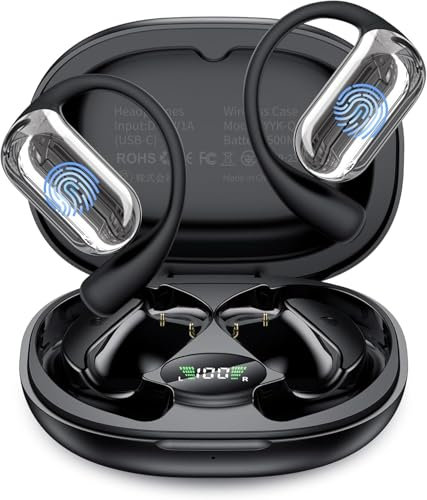 Sport Cuffie Bluetooth - 2025 Sportive Auricolari Bluetooth 5.4 con 4 HD Mics ENC Cancellazione Rumore, 50 Ore HiFi Stereo Sopra L'orecchio Cuffie Wireless con LED Display, IP7 Impermeabili - Nero