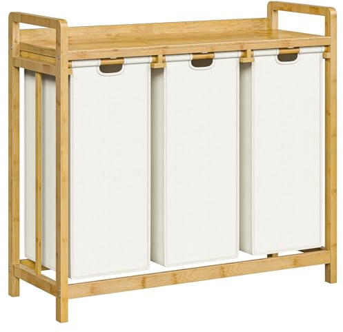 HOOBRO Panier à Linge 3 Compartiments, Corbeille à Linge Sale, 3 x 43 L, Sac à Linge en Tissu Oxford Amovible, Étagère, Cadre en Bambou, pour Chambre, Buanderie, Salle de Bains, Bambou EYL82XY01