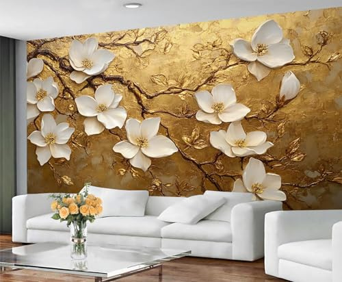 GIVLWF Papier peint – Décoration d'intérieur à fleurs blanches et grande décoration murale, papier peint floral en relief 3D pour salon, chambre à coucher, papier peint mural – Non autocollant, or