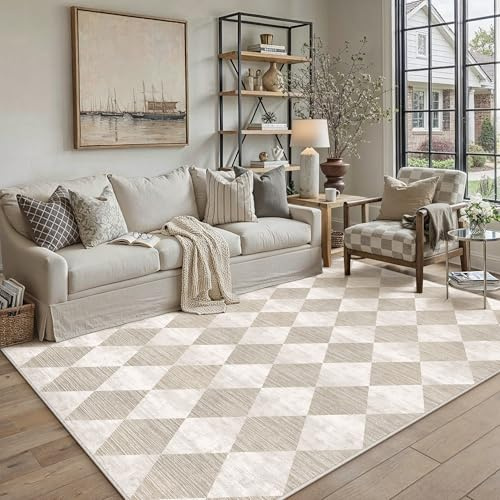 PureCozy Teppich 120x170cm Beige Waschbar Moderne Kariert | Moderner Karo Teppiche,Waschbar,Rutschfest,Weich,Kurzflor,für Wohnzimmer,Schlafzimmer,Esszimmer,Büro