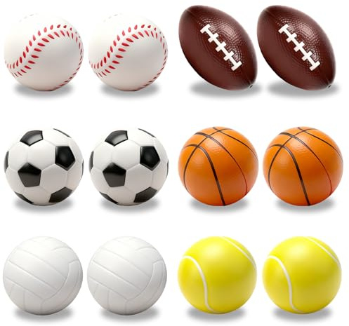 Kleine Bälle 12 Stück, Antistressball, Stressball, Mini Fußball, Basketball Tennis Baseball Stressbälle, Stress Angst Linderung, Softball Fußball für Kinder und Erwachsene