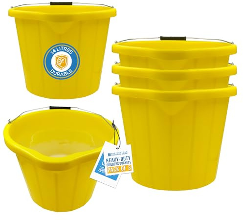 Heavy Duty Yellow Builders Bucket 14 Litre - 3 Gallon Capacity Plastic Buckets with Built-In Spout, Durable Car Wash Bucket, Multifunctional with Metal Handle, Perfect for Commercial Use (PACK OF 3)