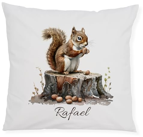 GRAZDesign Kissenbezug Eichhörnchen & Namen personalisiert Kinderkissen mit Reißverschluss – Geschenk für Kinder & Erwachsene
