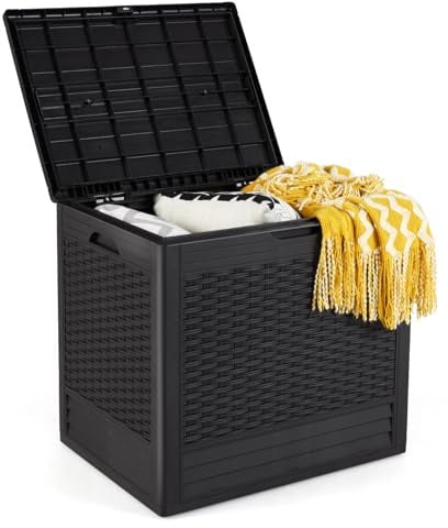 GOPLUS Gartenbox 96 L, Aufbewahrungsbox mit abschließbarem Deckel & Rattanoptik, Auflagenbox wasserfest mit Griffen, Deckbox Gartentruhe Kissenbox für Patio, Garten & Poolbereich (96 L,Braun)