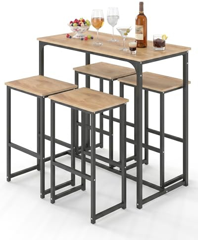 Amveya Table Bar Haute avec Tabouret 4 Personnes, Ensemble Table et 4 Chaises, Meuble Bar avec Effet Grain de Bois et Cadre Noir, Multifonctionnel Applicable Multi - Scénarios