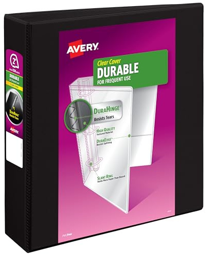 Avery Durable View 3 Ring Binder, 2 Inch Slant Rings, 530-Sheet Capacity, DuraHinge, 2.8 Inch Wide Spine, Customizable Clear Cover and Spine, 1 Black Binder (17031)
