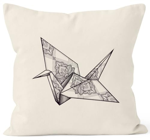 Autiga Kissenbezug Origami Kranich Crane Vogel Bird Ornamente Boho Polygon Paisley Kissen-Hülle Deko-Kissen 40x40 Baumwolle Natur 40cm x 40cm
