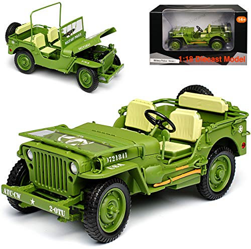 1/4 TON Army Truck Grün Jeep Willys USA Army 2. Weltkrieg Militär Polizei Triple 9 1/18 PremiumX Modell Auto Modellcarsonline Modell Auto