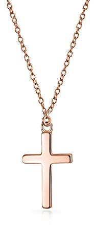 Bling Jewelry Délicat Petit Pendentif Croix Religieuse Plat Simple Pour Femmes Adolescents Plaqué Or Rose Poli En Argent Sterling .925