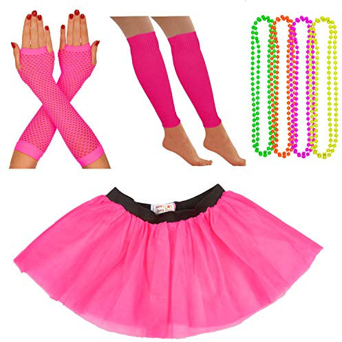 Neon Tutu, Fishnet Gloves, Legwarmers, 4 Pack Necklace Beads | 1980's Adult Fancy Dress Fluorescent Accessories Set | Multi Coloured, Womens, Hen Party Costume (14-22 UK, Pink)