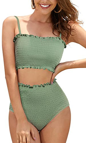 SHEKINI Damen Bikini Set Texturierte Bandeau Crop Top Bikinioberteil High Waist Bauchweg Bikinihose Ruched Zweiteiliger Badeanzug Strandmode (Medium, Olivgrün)