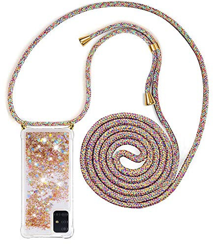 YuhooTech Handykette Hülle Kompatibel mit Samsung Galaxy A51 - Quicksand Glitzer Hülle mit Band - Silikon Handyhülle mit Kordel Umhängenband - Schnur mit Treibsand Case zum Umhängen
