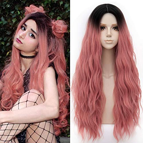 Mildiso Perücke Rosa Damenperücke Lang Gewellt Locken Natürlich für Frauen Alltag Anime Cosplay Kostümparty Halloween Karneval Pink Wig DE026PK