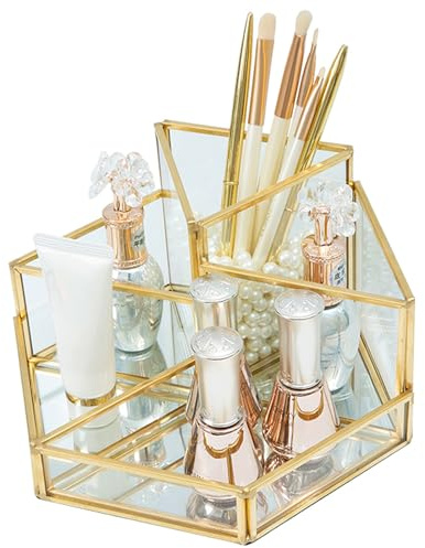 HARLIANGXY - Cosmetic Organizer Gold - Makeup Brush Holder - Clear Makeup Organizer - Desktop Storage Box - Glass Perfume Jewellery Organiser Tray - Vintage Glass Tray