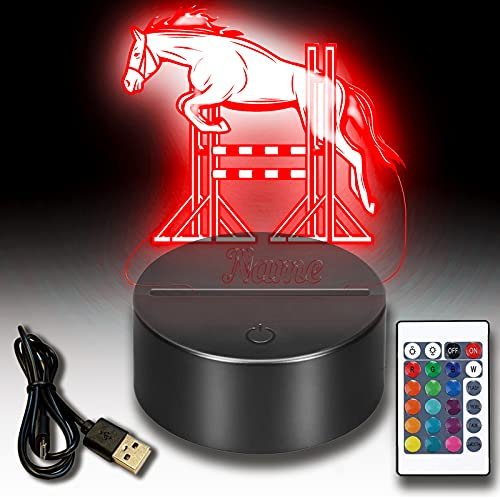 jovalus 3d Illusion LED Pferde Nachttischlampe personalisiert mit deinem Wunschnamen Inklusive Fernbedienung USB Kabel 7 Farben. Als Geschenke für Frauen und Pferde Mädchen (Springen)