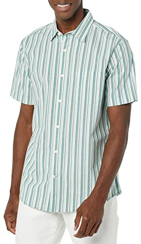 Amazon Essentials Men's Short-Sleeve Stretch Poplin Shirt (Available in Big & Tall), Light Blue Stripes, XS