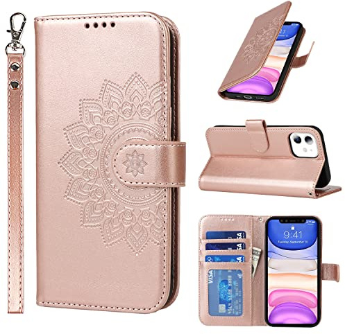 CAVOR Handyhülle Kompatibel mit iPhone 11 Hülle Mit Band,Flip Leder Blumen Geldbörse Lederhülle,[4 Kartenfach][Ständer][Magnetisch],Klapphülle Schutzhülle Handyhülle - Roségold