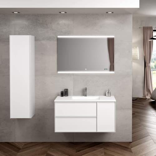 Mueble de Baño Suspendido con Lavabo Cerámico Oslo | Mueble Baño Volado de 2 Cajones con Puerta Lateral con Cierre Amortiguado y Organizador | Blanco Mate | 100cm