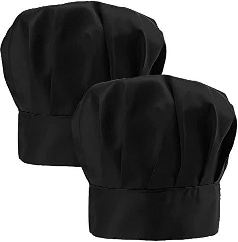 QINERSAW 2 Stück Schwarz Kochmütze Erwachsene Unisex Kochmütze Verstellbar Kochhut Männer Damen Herren Kochhaube mit Gummiband Koch Kopfbedeckung Chef Hut Chef Hat Küchenmütze Café Restaurant Hotel
