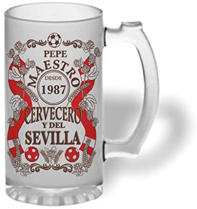 Bee Ingenious Jarra cerveza personalizada Maestro cervecero y del Sevilla de cristal esmerilado con nombre y año personalizados Regalos para hombres. Regalos para padres, hermanos. (Maestro Sevilla)