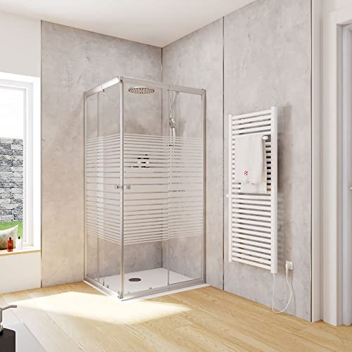 Schulte Duschkabine Corner Eckeinstieg mit Schiebetüren Silberfarben 4 mm Sicherheitsglas (ESG) Dekor Querstreifen 75x90 cm, Montage auf Duschwanne oder Fliese