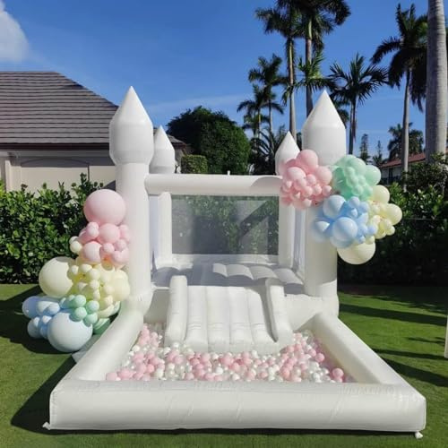 Inflatable White Bounce House with UL Blower, Portable Large Ball Pool and Jumping Space 3-in-1 Bouncy Castle, Spacious Joy Room Bounce House for Children Aged 3-12 (Oxford Fabric - Length 13 inches x