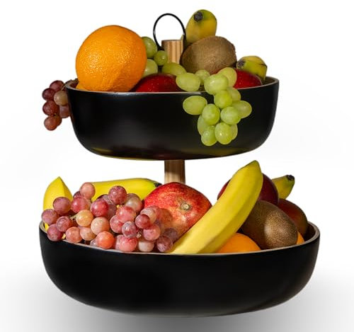 Tiali Obst Etagere 2 Etagen Bambus - Etagere Holz für extra viel Stauraum - Obstkorb Etagere schwarz aus natürlichem Bambus für frisches Obst - Obstschale modern - Obstkorb schwarz