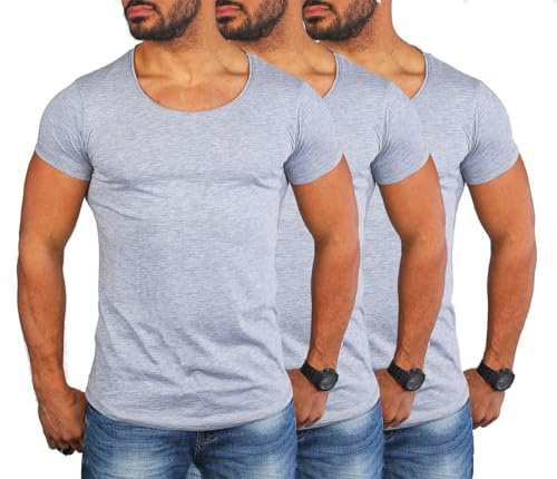 Young & Rich Herren Uni T-Shirt mit tiefem Rundhals Ausschnitt einfarbig körperbetontes Basic Tee Vintage Look 1702