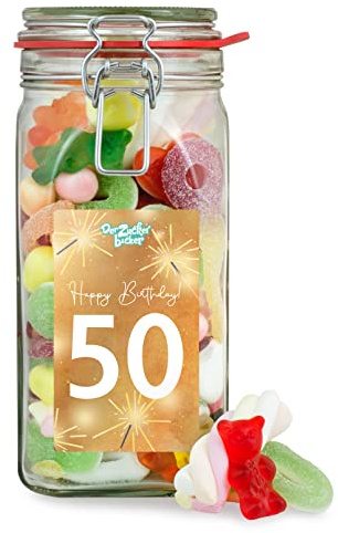 Zum 50. Geburtstag Süßigkeitenglas – buntes Naschglas zum 50ten Geburtstag, zuckersüße Geschenkidee zum 50ten Geburtstag