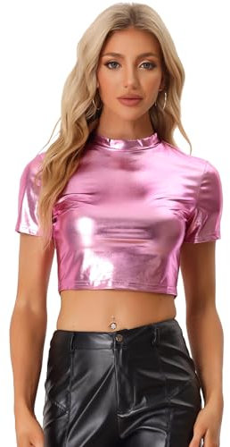 Allegra K Camicetta da donna in poliuretano metallizzato, a maniche corte, con collo a lupetto, rosa, M