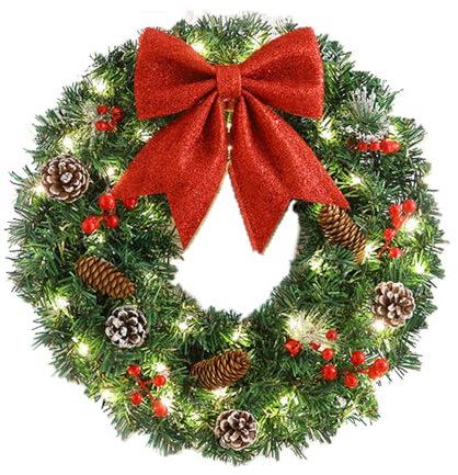 PAIKOE Christmas Door Wreath with LED Light, 15.74in/40cm Artificial Christmas Wreath for Front Door, Wall, Fireplace