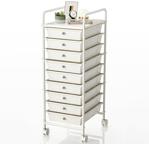 Johgee 9 Drawers Plastic Storage Cart, Multipurpose Mobile Organizer Shelving Unit with Lockable Wheels, Rolling Cart Storage Trolley for Home Office Stationery Makeup Beauty & Salon