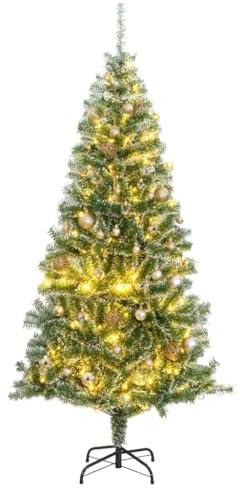 vidaXL Weihnachtsbaum, Beschneit Christbaum mit 300 LEDs Kugeln Ständer, Beleuchtet Tannenbaum Kunstbaum mit 8 Beleuchtungsmodi, Weihnachtsdeko Dekobaum, 210cm